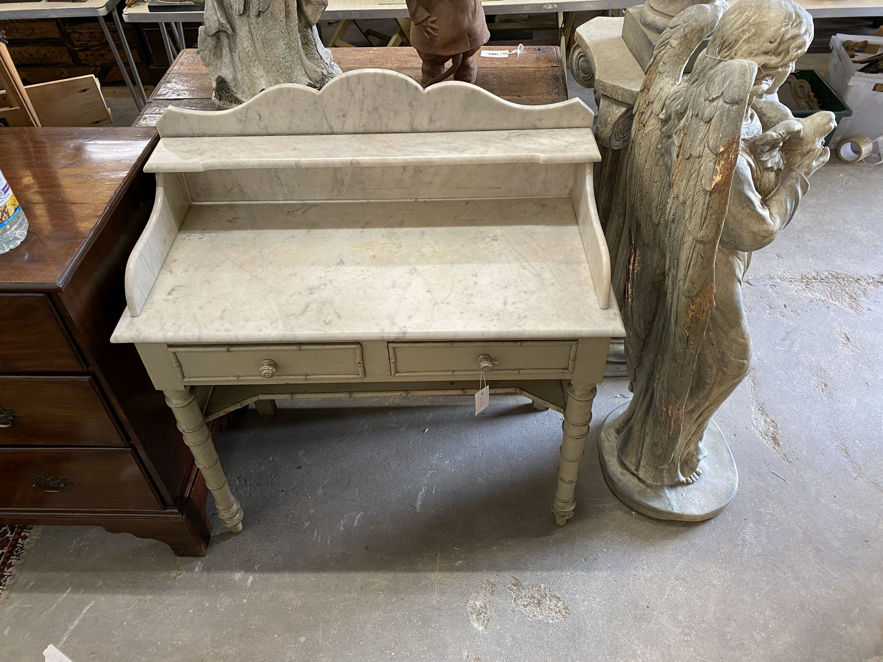 A Victorian painted pine faux bamboo marble top two drawer wash stand, width 90cm, depth 44cm, height 103cm